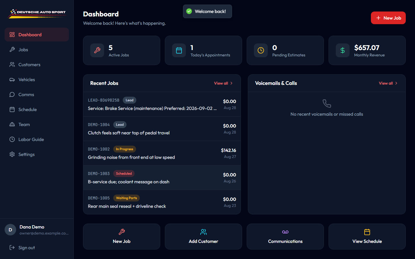 AutoShop AI dashboard showing active jobs, today's appointments, monthly revenue, and recent work orders