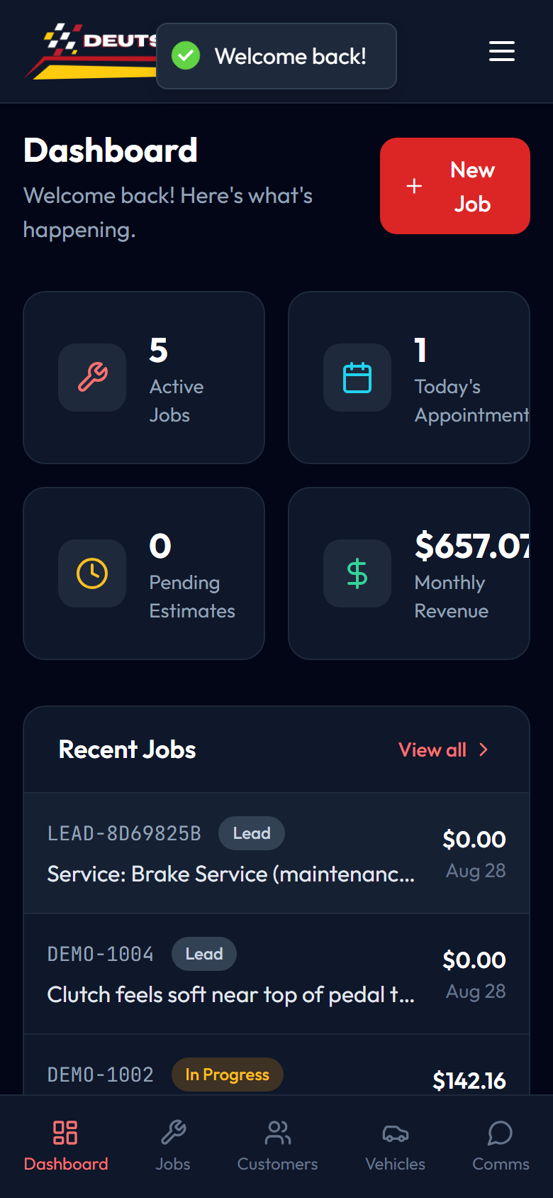 Mobile dashboard view